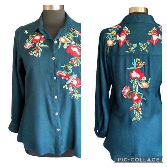 A&A Clothing Inc Button Down Shirt Heavily Embroidered Boho Contemporary SMALL - Picture 1 of 9